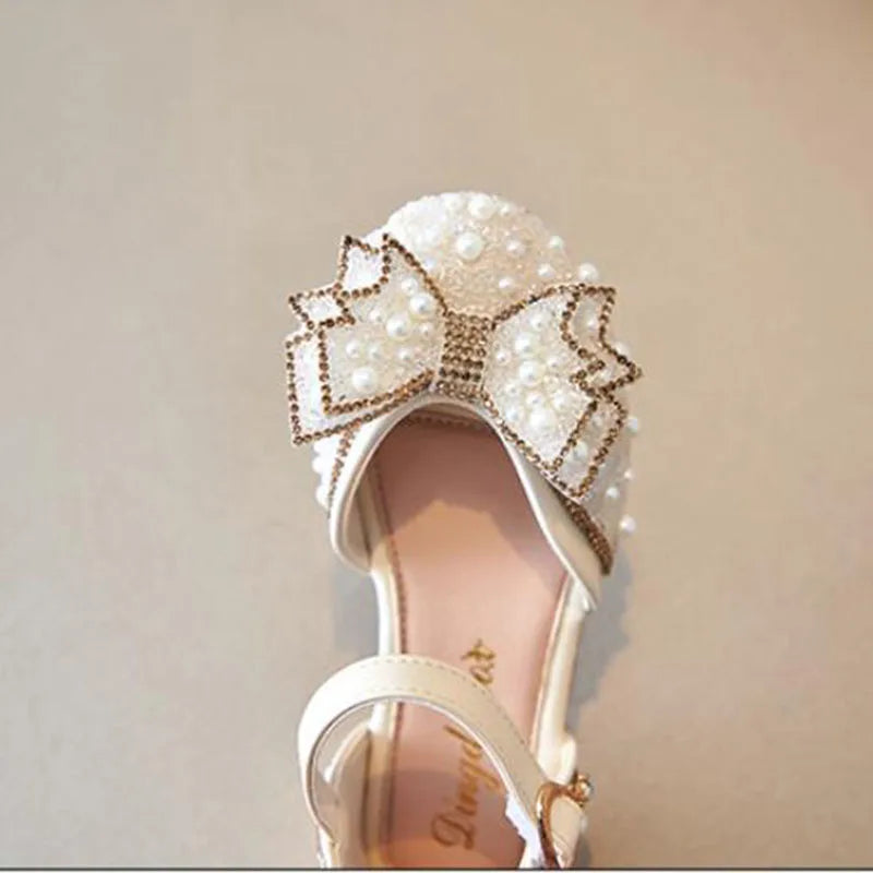 New Girl Sandals Cute Bow Pearl Sequins Kid Princess Shoes Flat Heels children Dancing Size 21-36