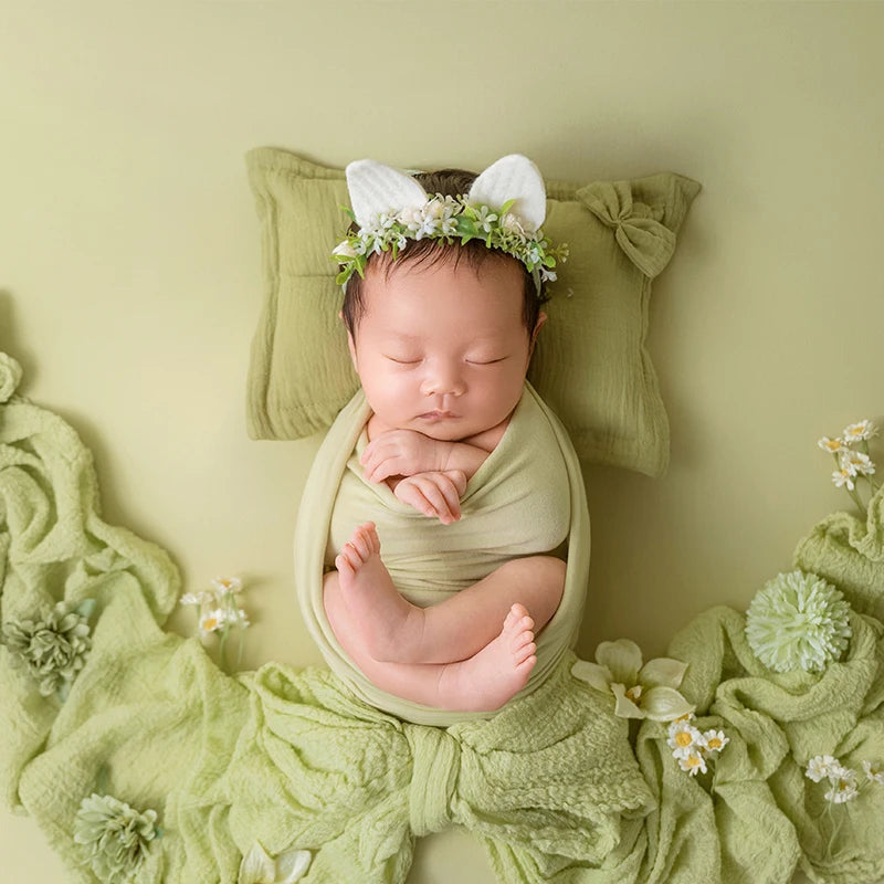 Newborn Baby Photography Props Infant Photoshoot Elastic Wrap Cloth Adjustable Bow Headflower Green Theme Baby Photo Accessories