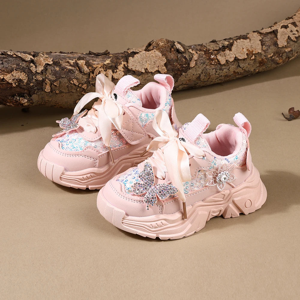 Children Shoes 2025 New Spring Toddler Girls Sport Shoes Bling Bling Soft Sole Breathable Outdoor Tennis Fashion Kids Sneakers