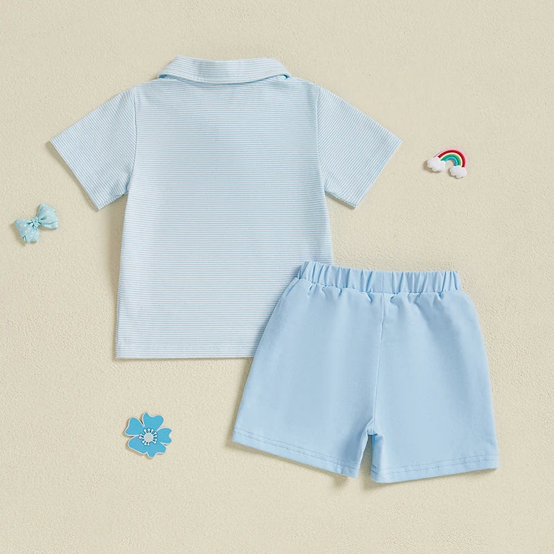 Boys Summer Outfit Sets with Short Sleeve Lapel Sailboat Embroidery Tops and Solid Color Shorts - Stylish and Comfortable