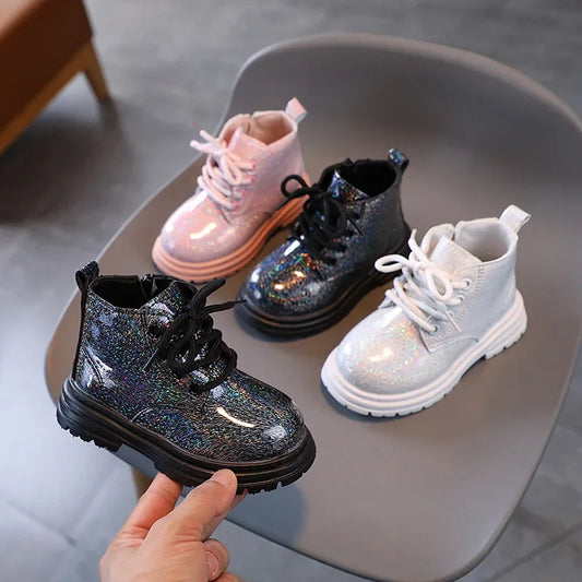 Girls' Boots Spring Autumn Versatile Children Causal Leather Boots Fashion Glossy PU Kids Princess Platform Ankle Boots Non-slip