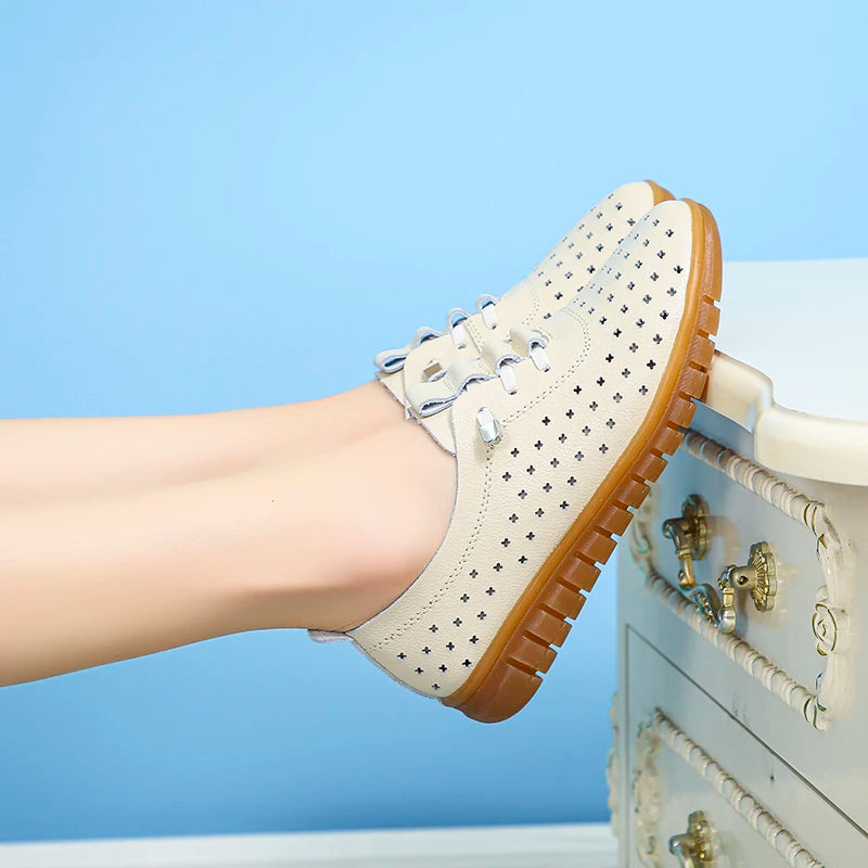 Genuine Leather Summer Loafers Women Casual Shoes Moccasins Soft Pointed Toe Ladies Footwear Women Flats Shoes White