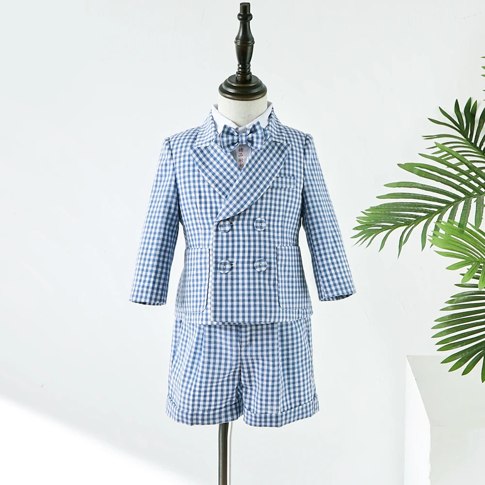 Baby Photograph Lattice Boys Suit Birthday Linen Thin Summer Little Boy Gentleman Outfit Formal Suits Children Coat Clothes Set