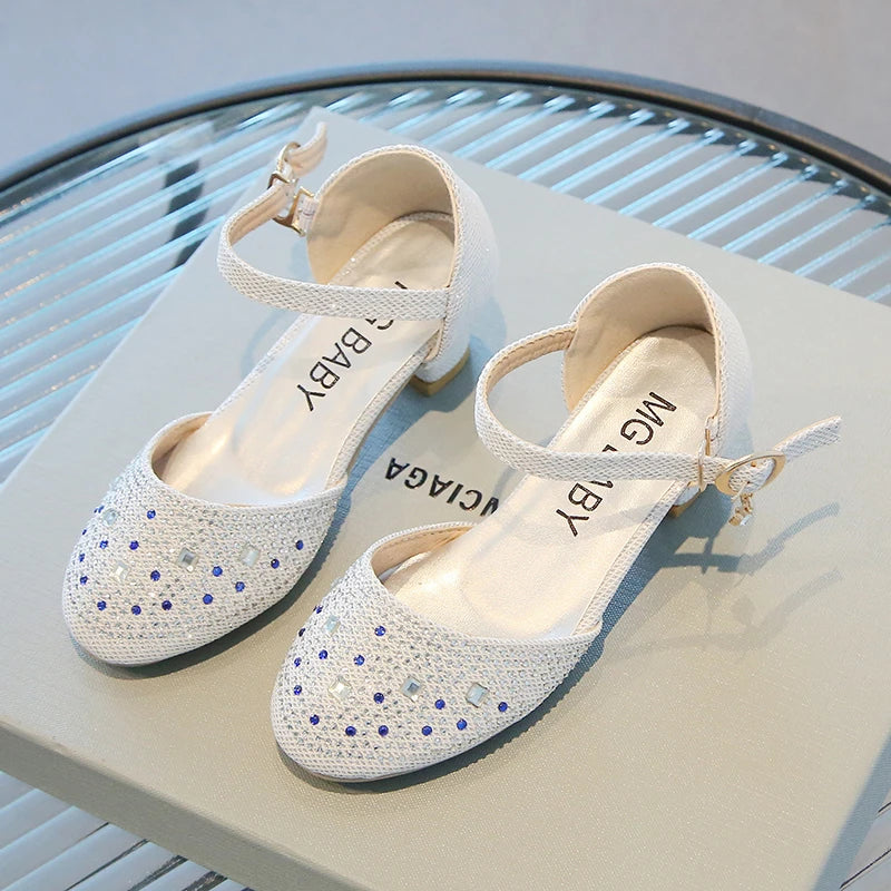 Girls Leather Shoes Pink New with Heel Rhinestone Girls Princess Single Shoes 4-12 Years Old Fashion Non-slip Children's Sandals
