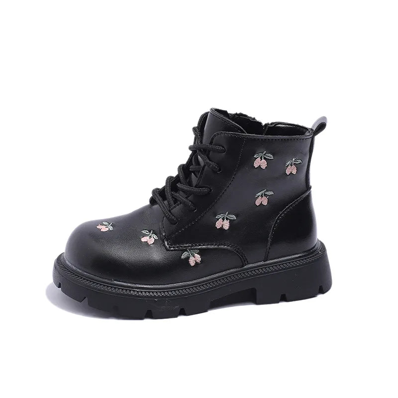 Girls' Fashion Ankle Boots – Embroidered Leather Spring/Autumn Boots for Kids, Casual and Versatile Princess-Style Footwear