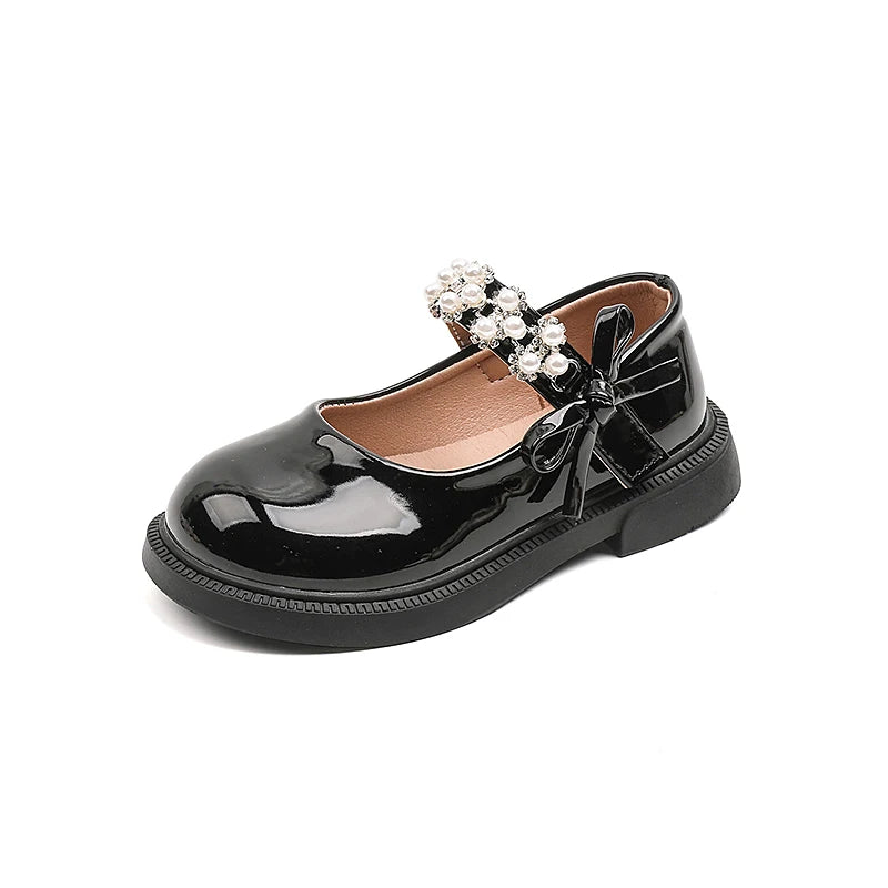 NEW Kids Shoes Princess Girls School Shoe Beige Black Children Leather Party Dress Flat Little Girl Shoes Casual