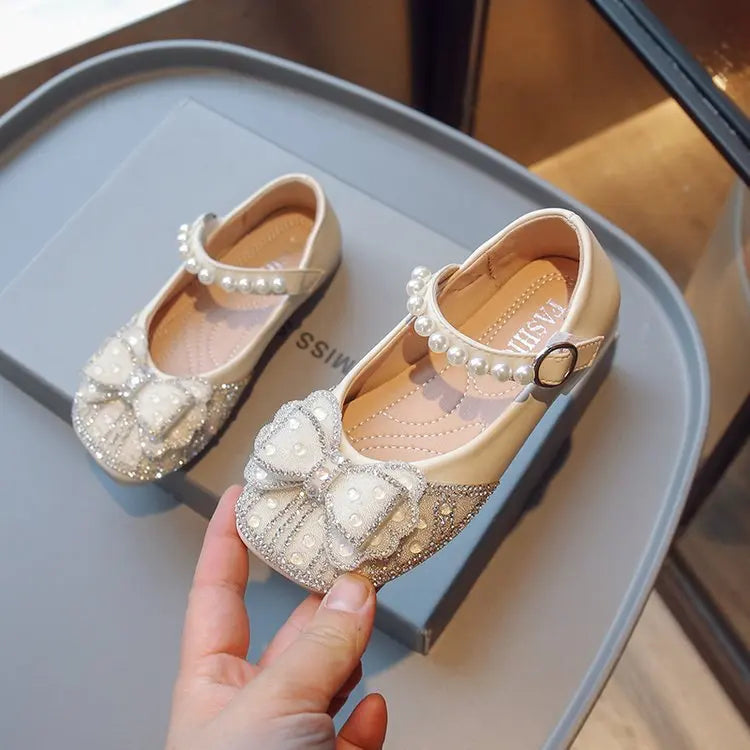 New Girl Sandals Cute Bow Pearl Sequins Kid Princess Shoes Flat Heels children Dancing Size 21-36