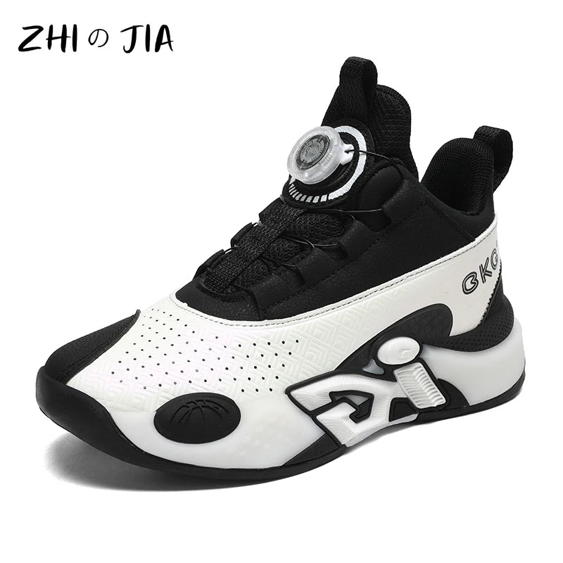 Children's Training Basketball Shoes Boys' Spring New Rotating Buckle Sneakers Youth Fashion Leather Breathable Footwear 32-41