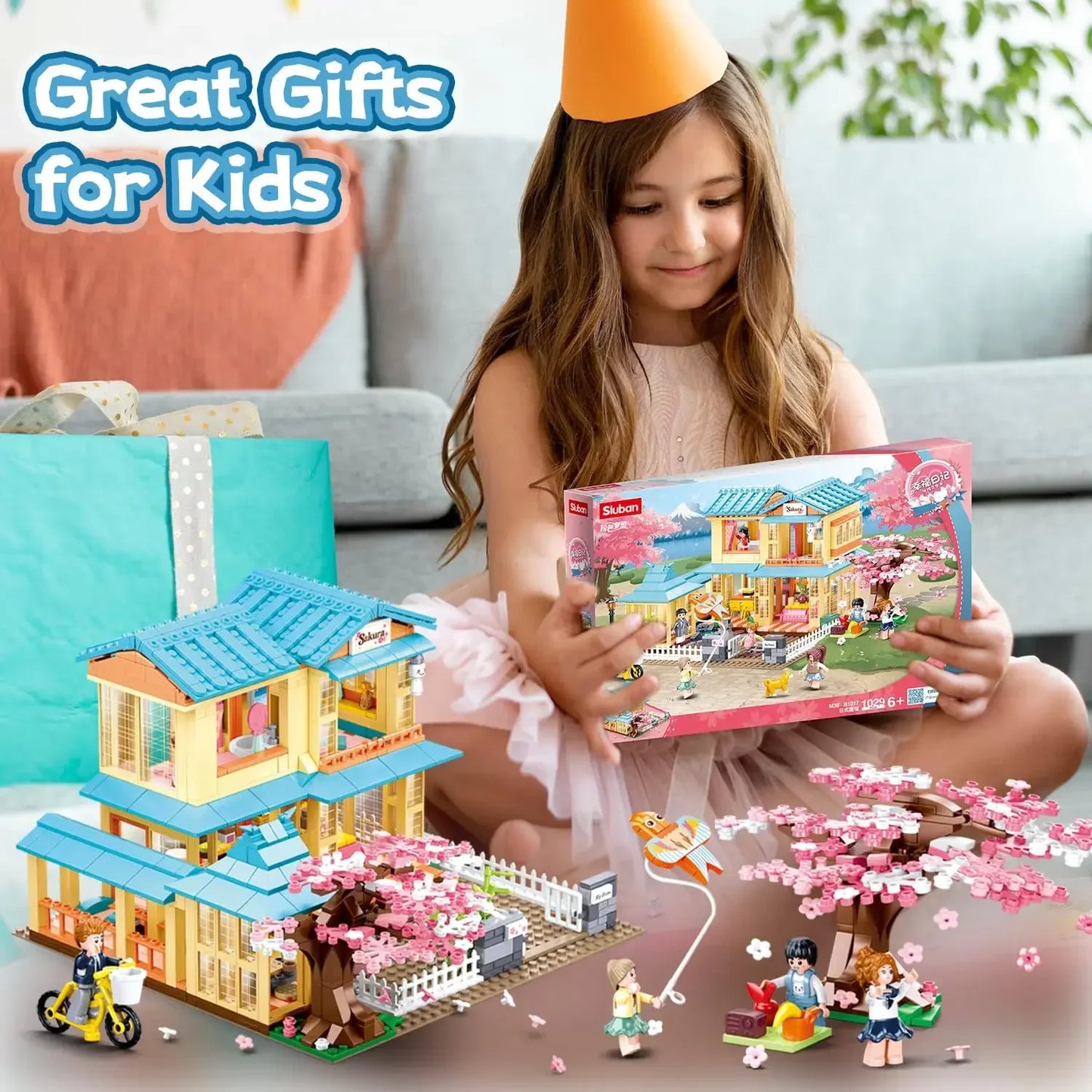 1029PCS Japanese Style House Building Blocks Cherry Tree House City Streetview Model Bricks Desktop Decoration Kids DIY Toy Gift