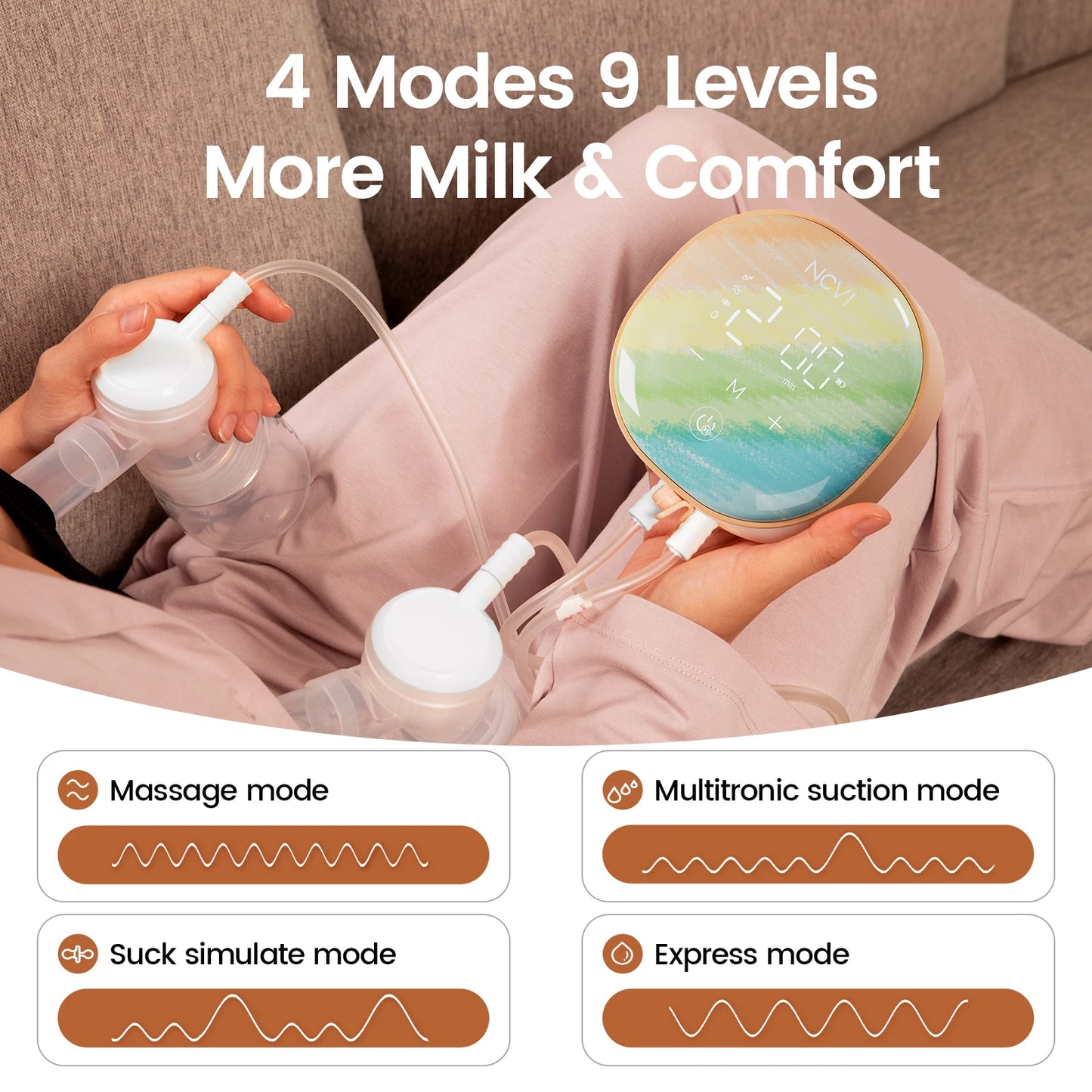 NCVI Rechargeable Electric Breast Pump, , 4 Modes & 9 Suction Levels, Ultra-Quiet, LED Touch Display, Portable, BPA-Free