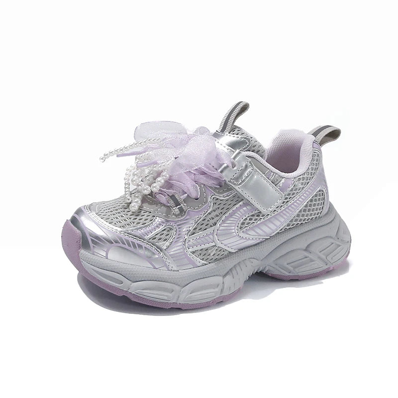 3-18 Years Old Girls Sneakers Four Seasons Beige Bow Mesh Girls Tennis Shoes Pink Soft Bottom Non-slip Children's Single Shoes