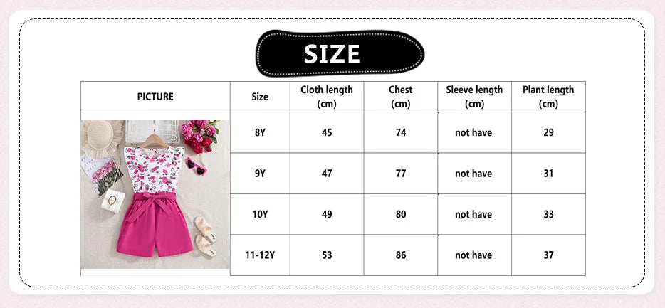 Kids Sets For Girls 8-12 Years White Print Sleeveless top + Pink Shorts Sweet Casual Style Summer Coolness 2Pcs set