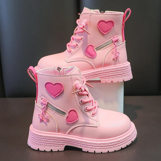 Girls' Fashion Rubber Boots – Autumn/Winter PU Round-Toe Boots with Soft Cotton Lining, Side Zip, and Heart Detail in Pink