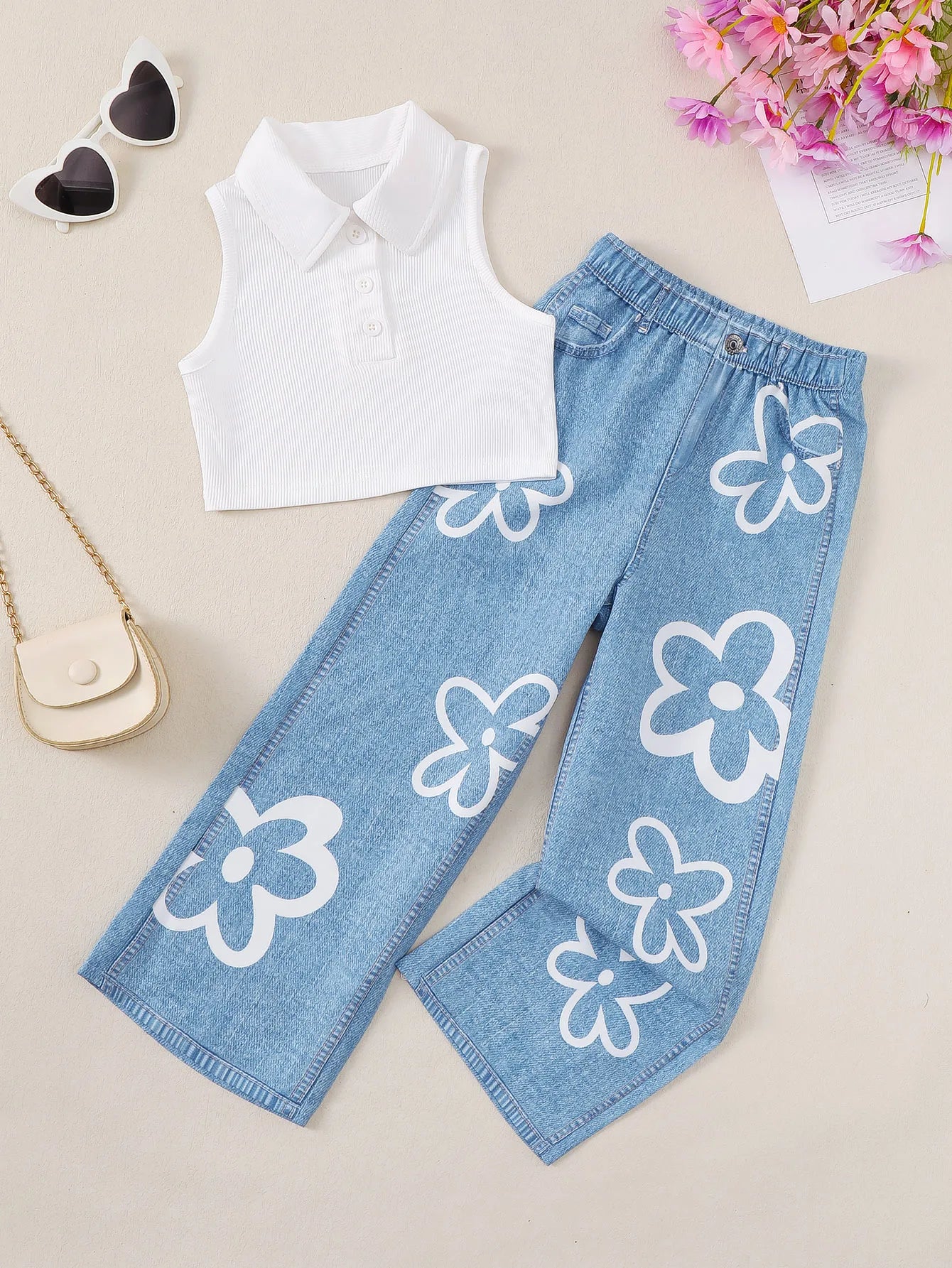 Young Girls' Solid Color Casual Tank Top With Denim Look Floral Print Straight Pants, Summer