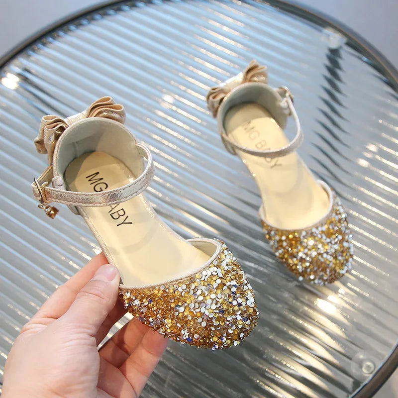 Girl Leather Shoe 2024 New Fashion Princess Shoe Crystal High Heels Student Performance Dance Shoe Sweet Kids Shoes Zapatos Niña