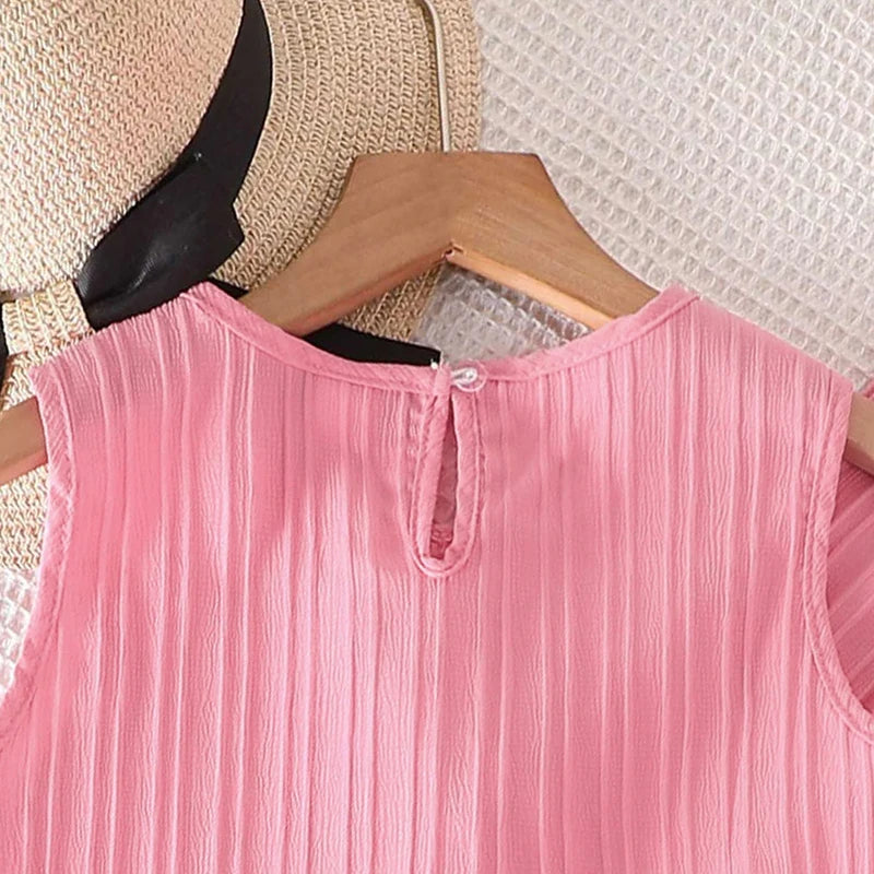 Summer Solid Color Pink Striped O-Neck Sleeveless Bowknot Top & Elastic Waist Pants For Girls 8-12 Years Korean Style Daliy Set