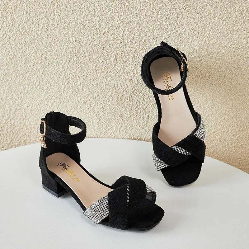 Children Mary Janes for Party Wedding Shows Girls Low Heels Pleated Rhinestones Sandals Classic Kids Princess Shoes PU 2024 New