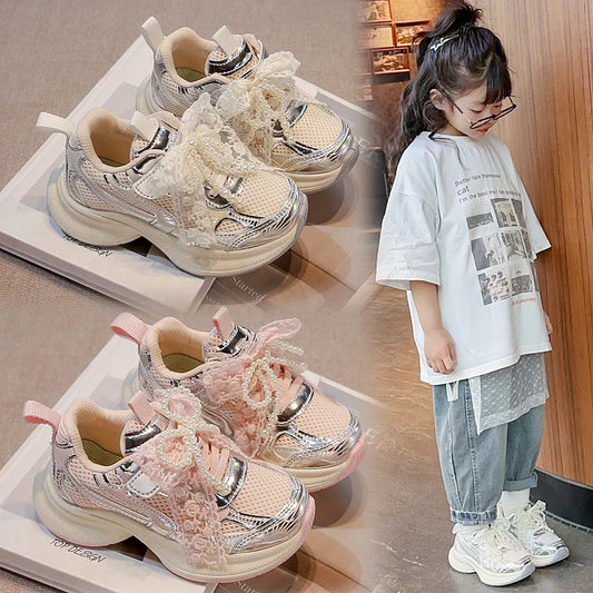 Girls Sneakers Princess Style Children Running Shoes Thick Soft Sole 2025 New Fashion Kids Sports Shoes Mesh Bows Sweet Cute