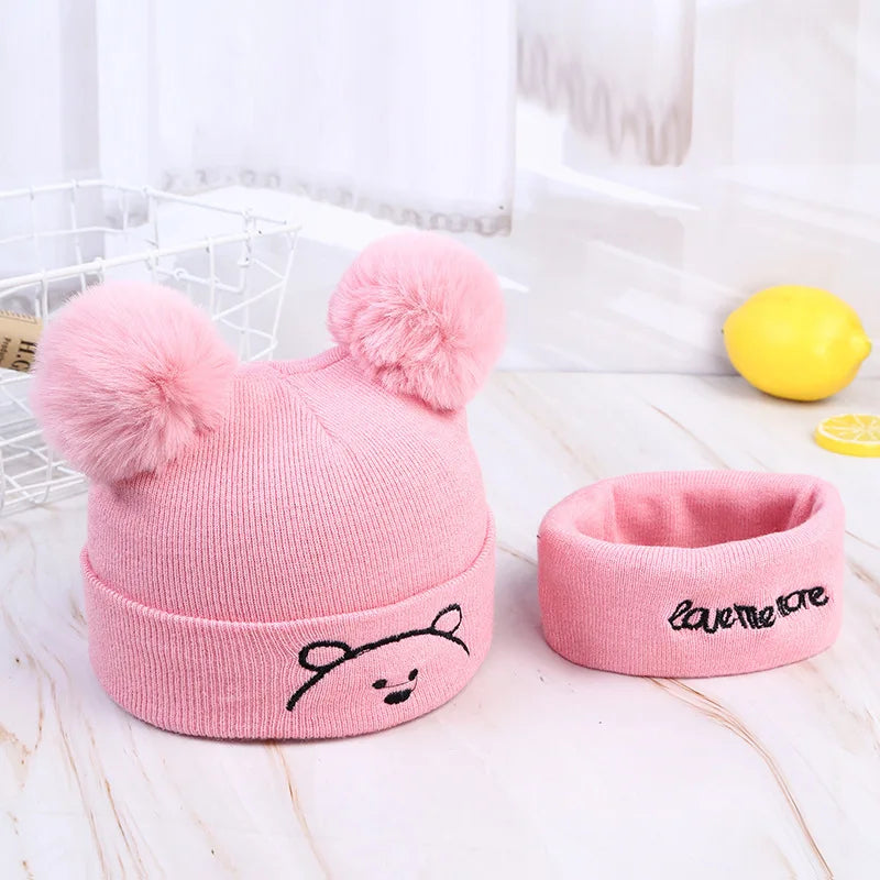 2pcs Winter Baby Hat Scarf Set Toddler Girl Boy Cap Knitted Beanie Fur Ball Cartoon Bear Snow Outfit Infant Accessories