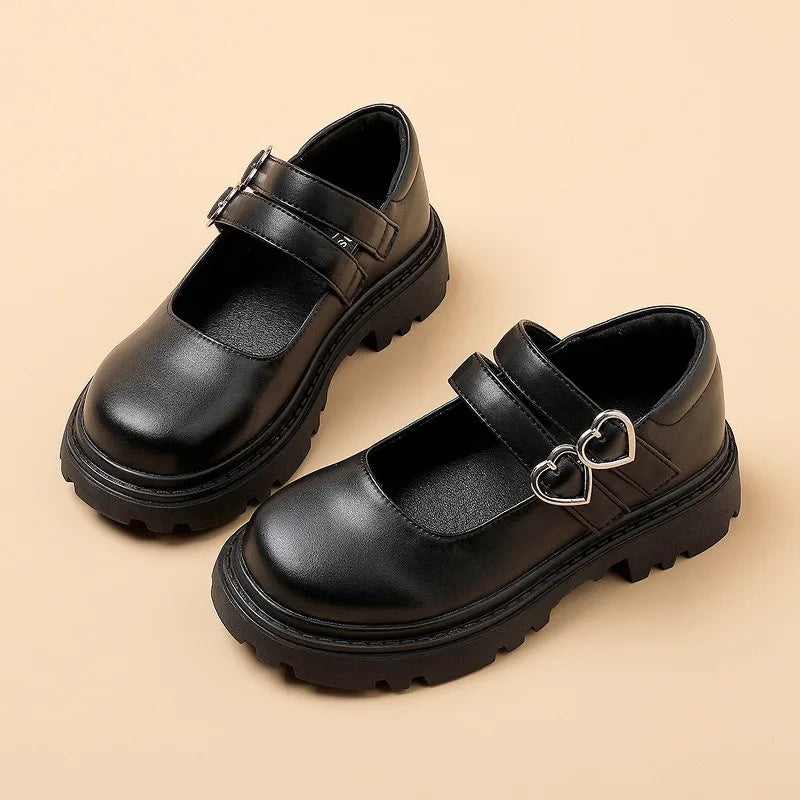 Girls Chunky Platform Mary Jane Shoes Children's Heart Buckle Strap Thick Heels Pumps Woman Black Patent Leather Lolita Shoes