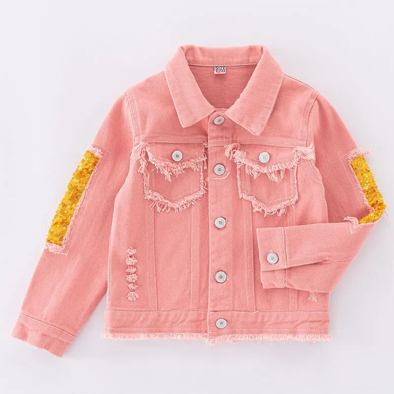5-12 Years Teen Girls Denim Jacket New Fashion Pink Rainbow Sequins Jean Coat For Girl Spring Autumn Children Outerwear Clothing