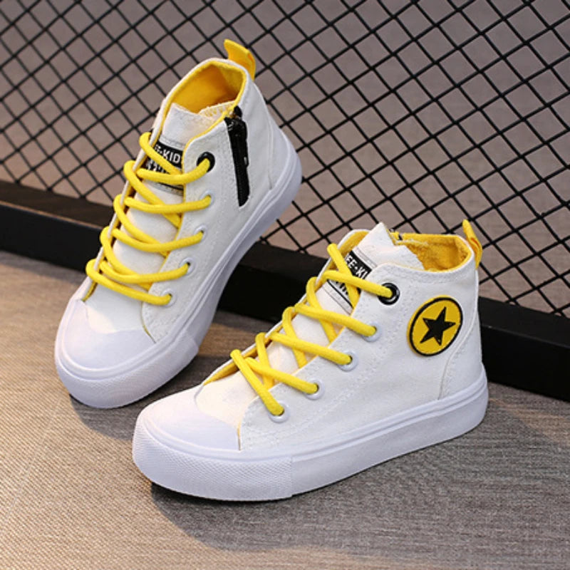 Children High-top Casual Canvas Shoes Boys Girl Zipper Flat Bottom Breathable Board Shoes Kid Cycling Sports Outdoor Board Shoes