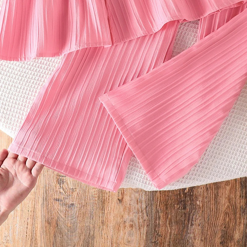 Summer Solid Color Pink Striped O-Neck Sleeveless Bowknot Top & Elastic Waist Pants For Girls 8-12 Years Korean Style Daliy Set