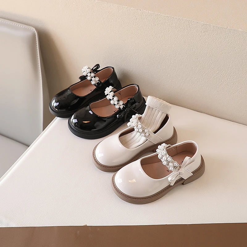 NEW Kids Shoes Princess Girls School Shoe Beige Black Children Leather Party Dress Flat Little Girl Shoes Casual