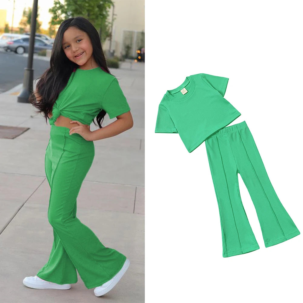 2025 Summer Girls Bell Bottom Outfits 2pcs Solid Cotton T-shirt Pants Suit For Children Teenage Girls Fashion Tracksuit Clothes
