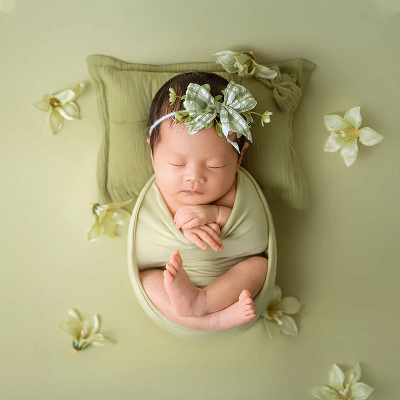 Newborn Baby Photography Props Infant Photoshoot Elastic Wrap Cloth Adjustable Bow Headflower Green Theme Baby Photo Accessories