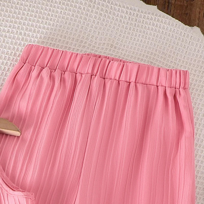Summer Solid Color Pink Striped O-Neck Sleeveless Bowknot Top & Elastic Waist Pants For Girls 8-12 Years Korean Style Daliy Set
