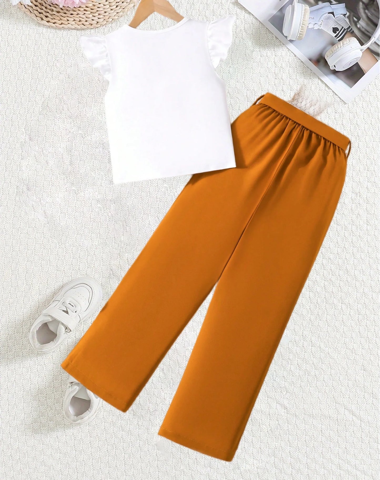 Girls Fashion Set: White Cartoon Print T-shirt with Bright Orange Bow Trousers