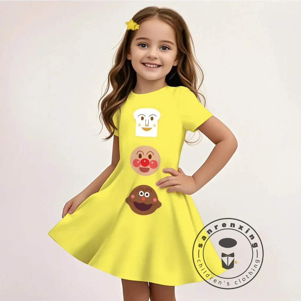 Summer Girls Cartoon Anpanman Printed Dress Kids Fashion One-piece Dress Girls Daily Casual Short Sleeve Clothing Outfit