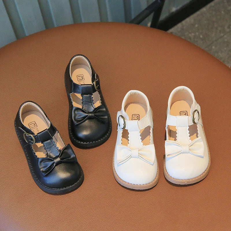 Girl's Mary Janes Ruffles Bowknot Lovely Beautiful Kids Leather Shoes Four Colors 21-30 Toddler Black Beige Fashion Kids Shoe