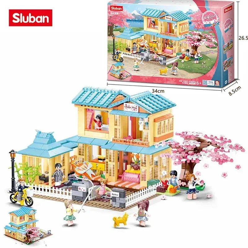 1029PCS Japanese Style House Building Blocks Cherry Tree House City Streetview Model Bricks Desktop Decoration Kids DIY Toy Gift