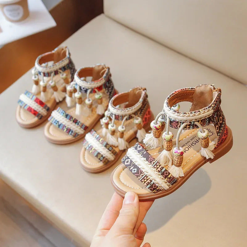 Bohemian Fringe Sandals for Girls Retro Ethnic Style Summer Shoes Geometric Yarn Dyed Pattern Ancient Tradition Shoe Kids G04071