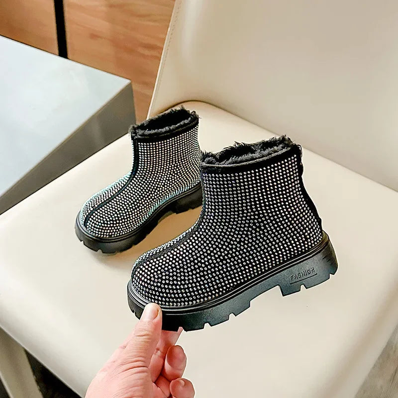 Fashion Girl Shoes New Versatile Comfort Ankle Boots Soft Sole Anti Slip Casual Rhinestone Winter Boot Warm Princess Kids Shoes
