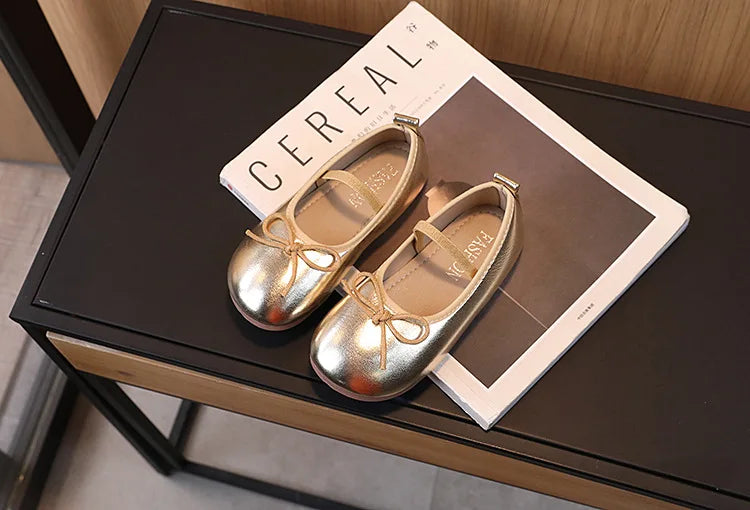 Girl's Flat Shoes Gold Silve Red Bowknot Leather Shoes Kids Soft bottom Princess Single Shoes for Children Toddler shoes 2-11T