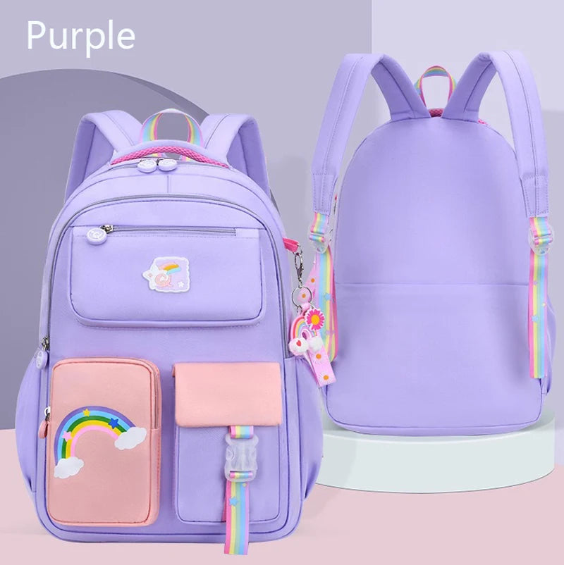 Premium Girls' School Backpack – Macaron Color-Block Design with Rainbow Zipper, Large Capacity Bag for Kids and Teens
