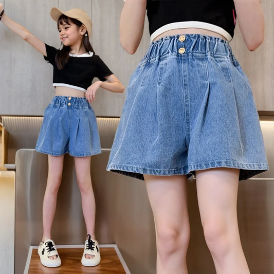 Girls shorts fashionable and versatile medium and large children's slimming nail button  waist wide-leg pants casual and fashion