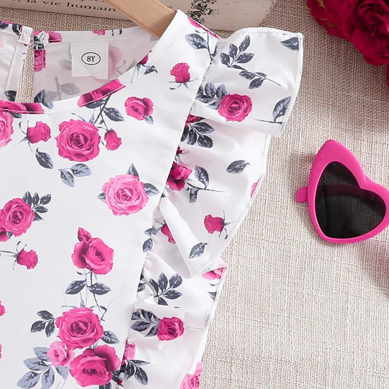 Kids Sets For Girls 8-12 Years White Print Sleeveless top + Pink Shorts Sweet Casual Style Summer Coolness 2Pcs set