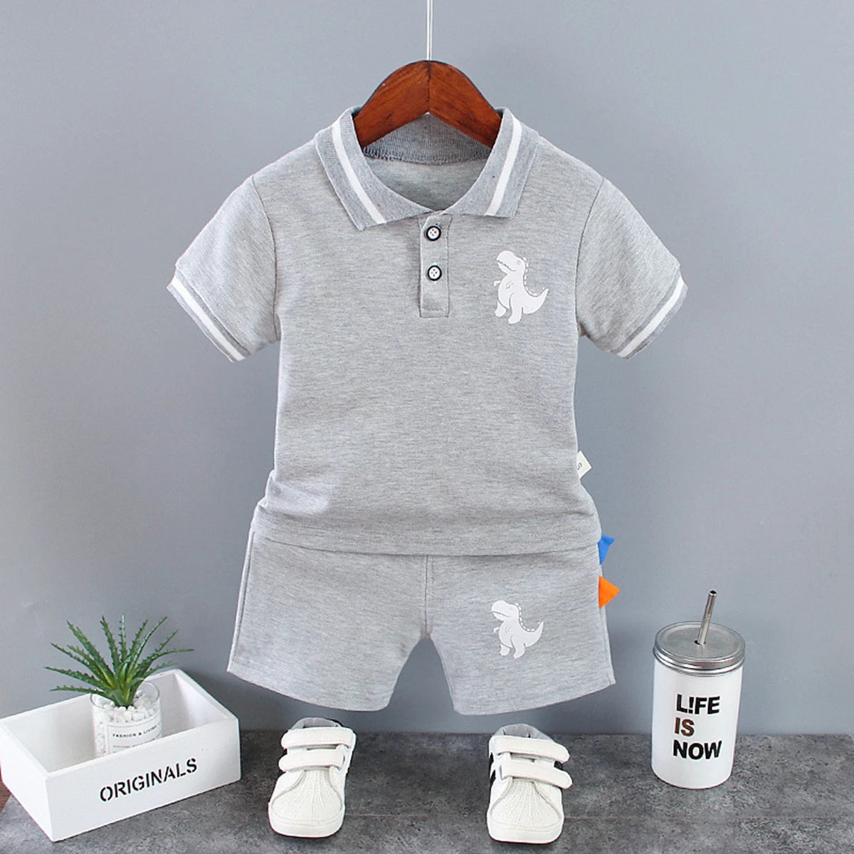 Summer Children Clothes Baby Boys Clothes Set Dinosaur Printed Turn-down Collar T-Shirts Tops+ Shorts 2PCS/Suit Infant Clothing