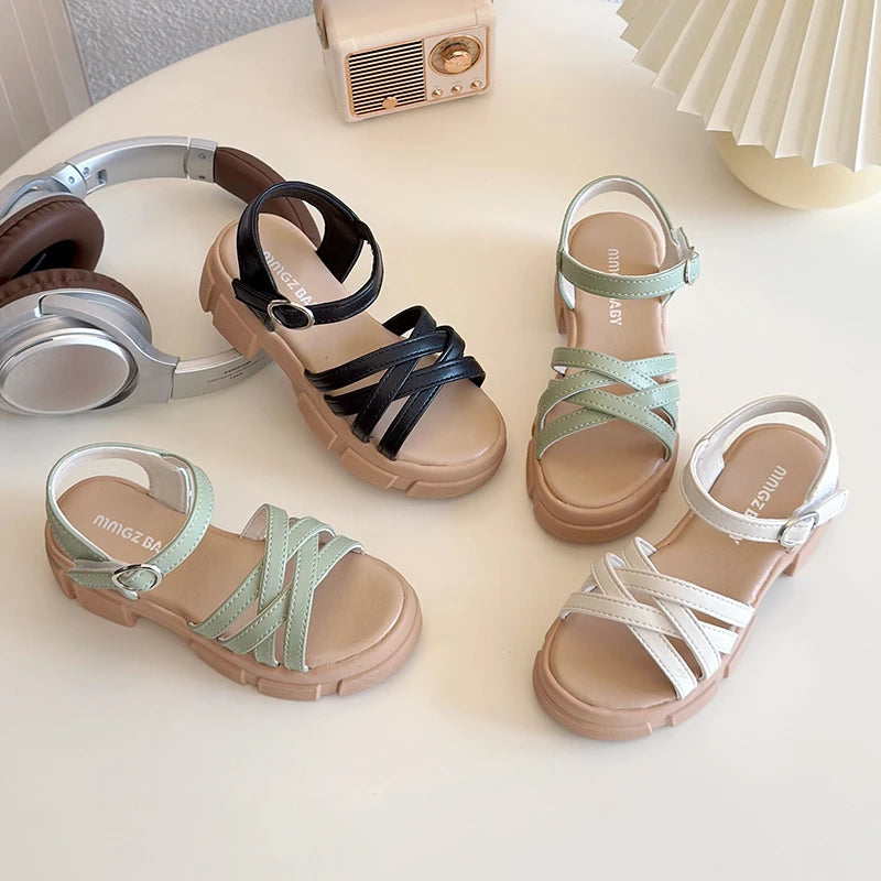 Heeled Sandals for Girls Chunky Sole Fashion Summer Shoes Children Non-Slip Strappy Gladiator Sandal Height Increased Beach Shoe