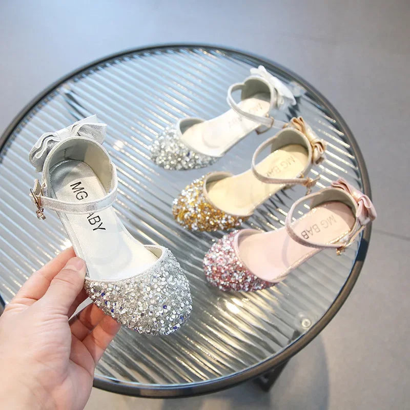 Girl Leather Shoe 2024 New Fashion Princess Shoe Crystal High Heels Student Performance Dance Shoe Sweet Kids Shoes Zapatos Niña