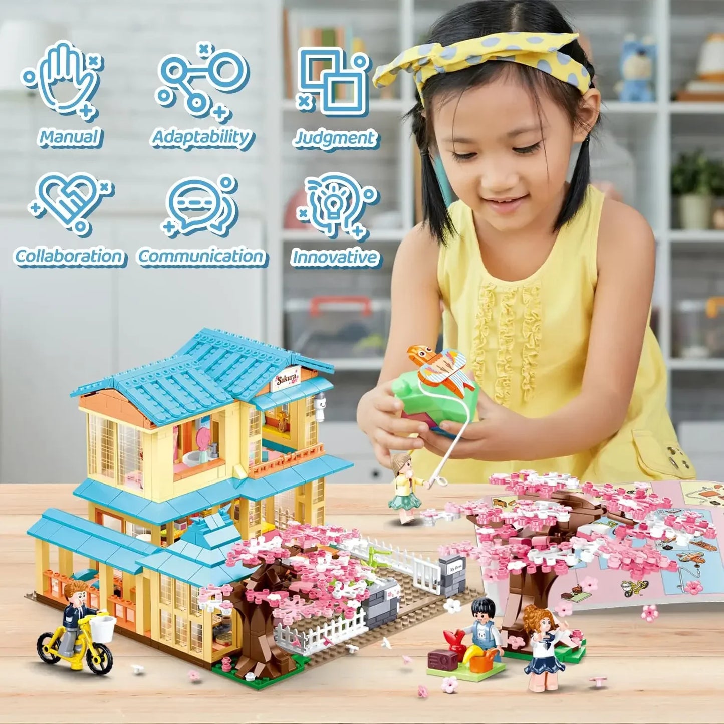 1029PCS Japanese Style House Building Blocks Cherry Tree House City Streetview Model Bricks Desktop Decoration Kids DIY Toy Gift