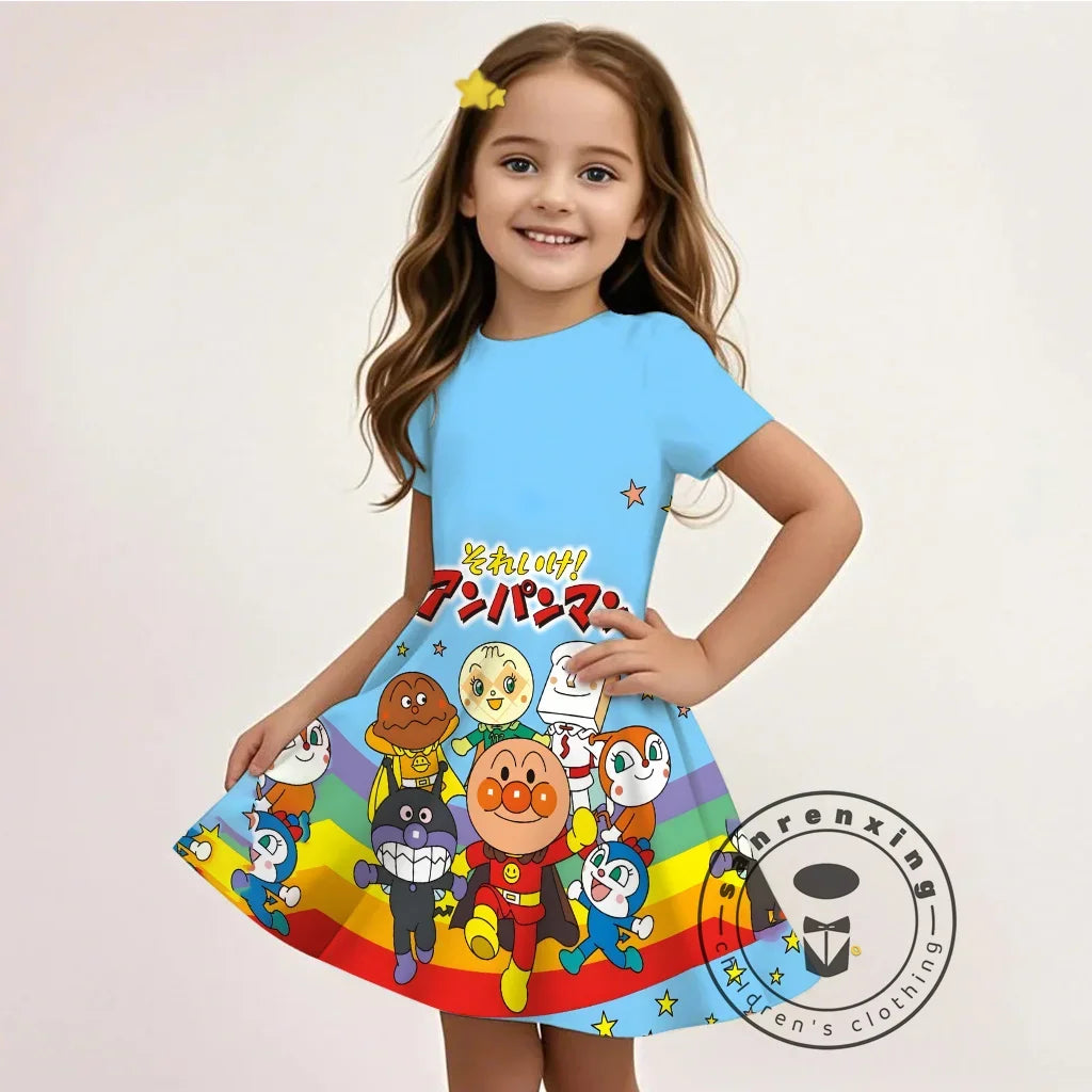 Summer Girls Cartoon Anpanman Printed Dress Kids Fashion One-piece Dress Girls Daily Casual Short Sleeve Clothing Outfit