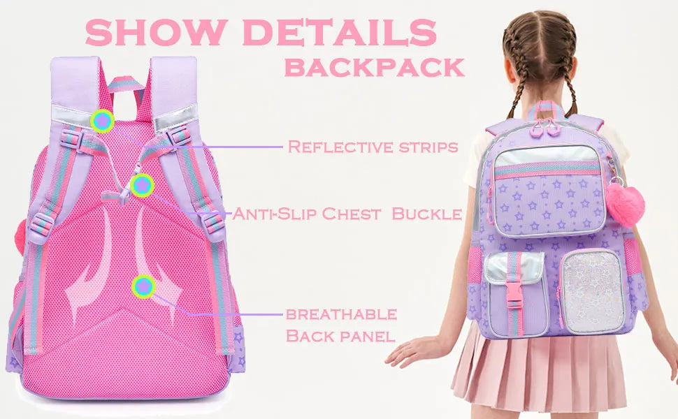 Girls' Macaron Color-Block School Backpack – Large-Capacity, Premium Bag with Rainbow Zipper for Kids and Teens