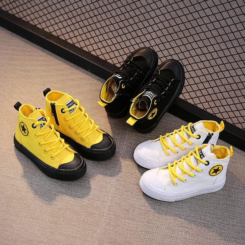 Children High-top Casual Canvas Shoes Boys Girl Zipper Flat Bottom Breathable Board Shoes Kid Cycling Sports Outdoor Board Shoes