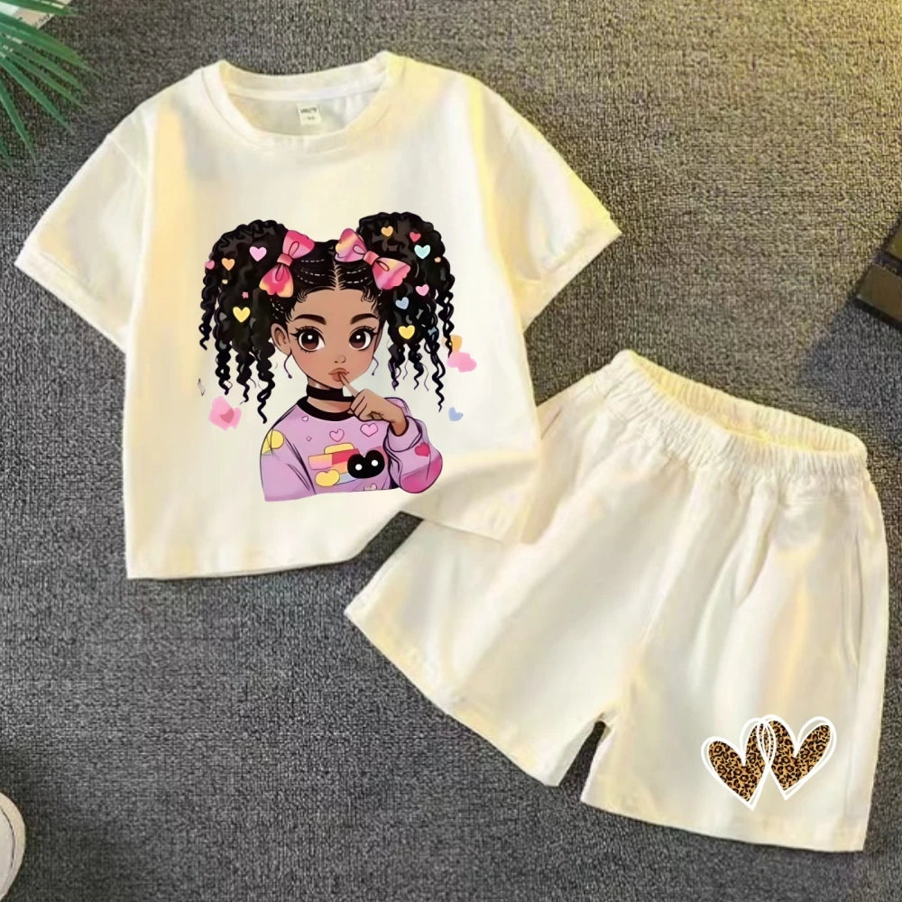 Summer Baby Girls' Clothing Set – 2-Piece Cartoon Print Short-Sleeve T-Shirt and Shorts Outfit for Kids