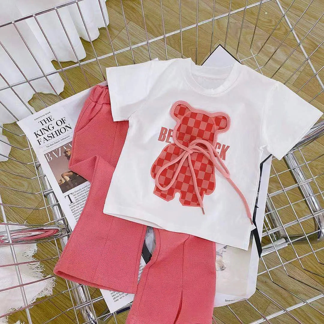 Summer Baby Girls Clothes Set Plaid Cartoon Bear Tshirts and Flared Pants Suiy Children Short Sleeve Top Bottom 2 Pcs Outfits